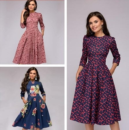 Floral printed a line comfortable sleeves casual dress